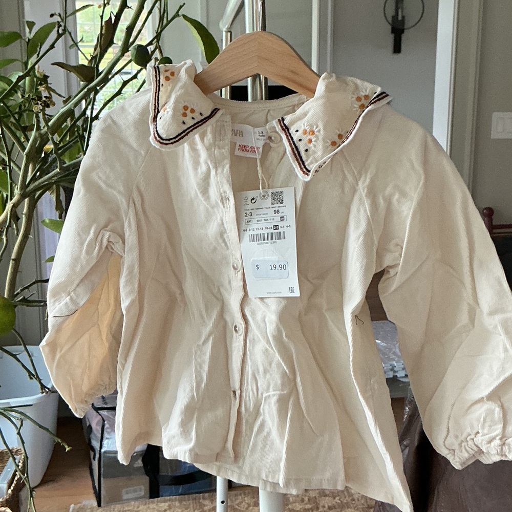 Zara Cream Button-Up Shirt with Embroidered Detail
